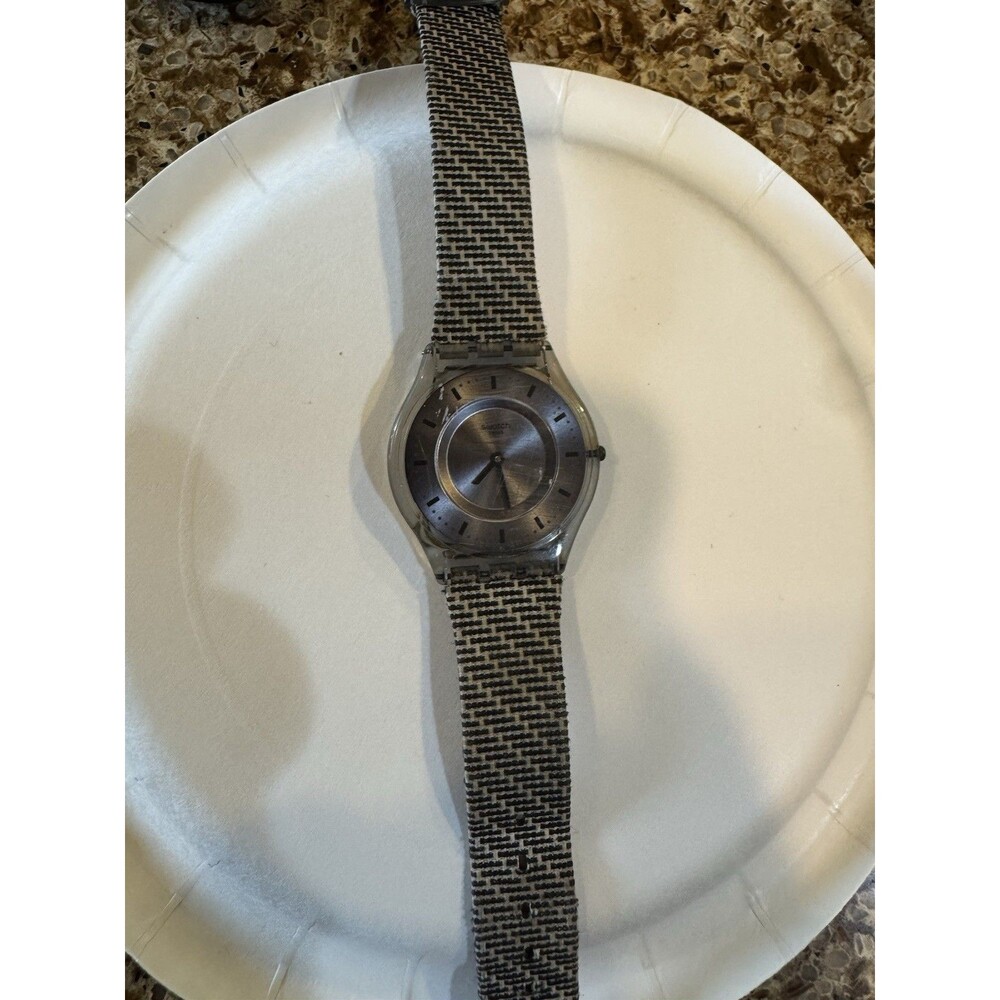 vintage swatch watch herringbone band round grey post modern face